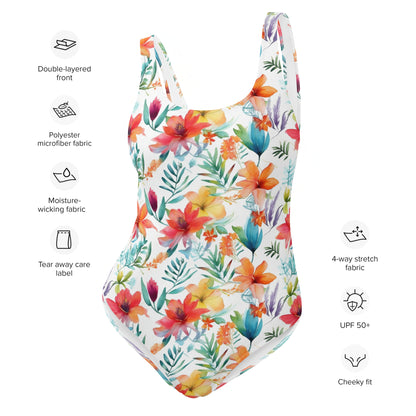 Tropical Flowers One Piece Swimsuit for Women, Cute Floral Watercolor White Designer Swim Swimming Bathing Suits Body Swimwear Starcove Fashion