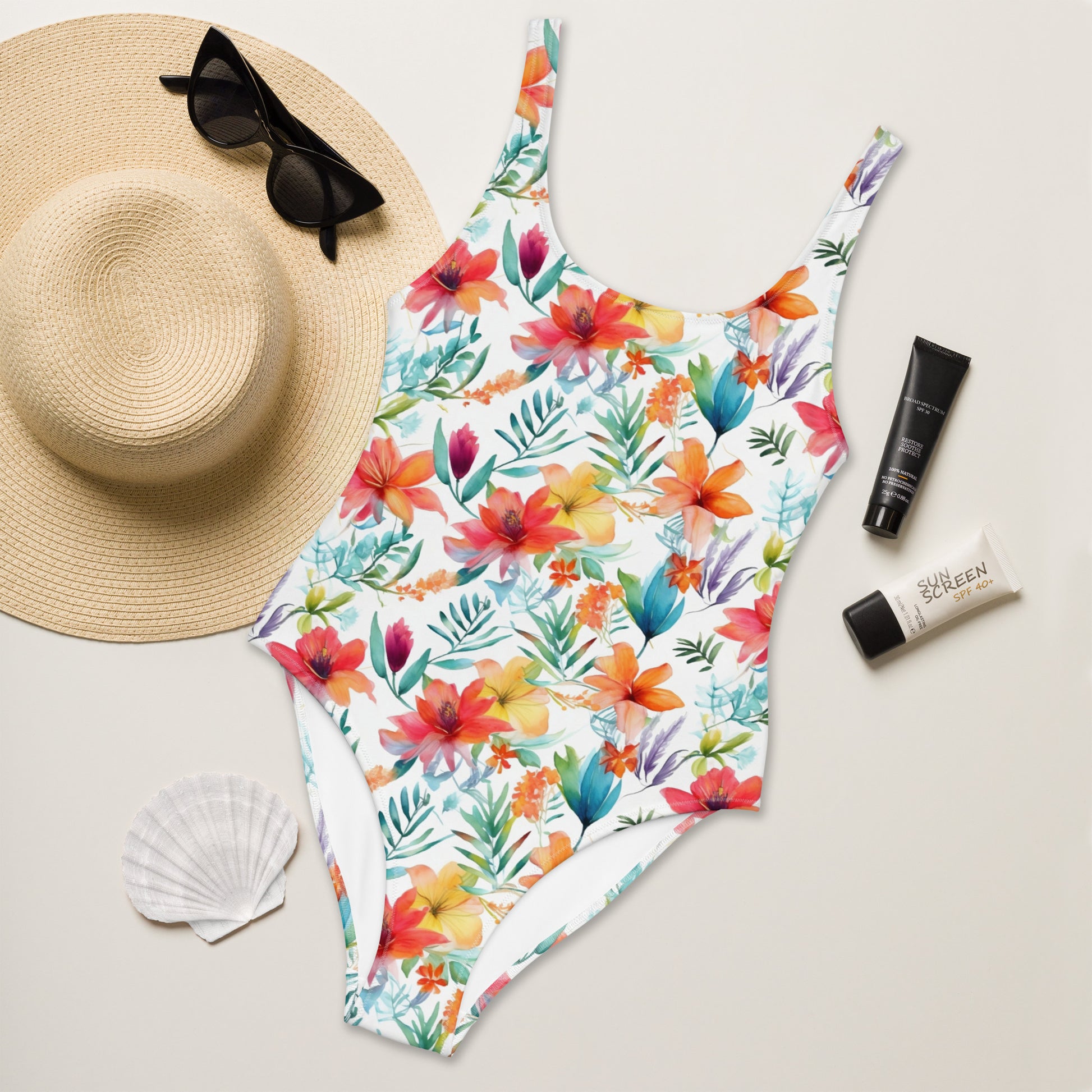 Tropical Flowers One Piece Swimsuit for Women, Cute Floral Watercolor White Designer Swim Swimming Bathing Suits Body Swimwear Starcove Fashion