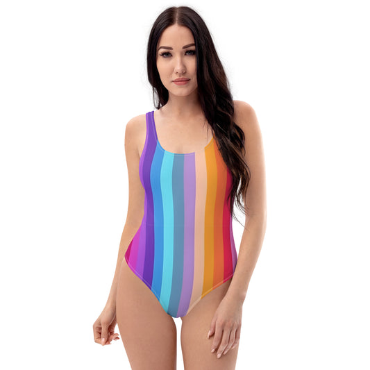 Rainbow Pride One Piece Swimsuit for Women, Striped LGBTQ Cute Designer Swim Swimming Bathing Suits Body Swimwear