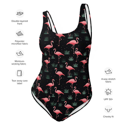 Pink Flamingo One Piece Swimsuit for Women, Black Cute Designer Swim Swimming Bathing Suits Body Swimwear