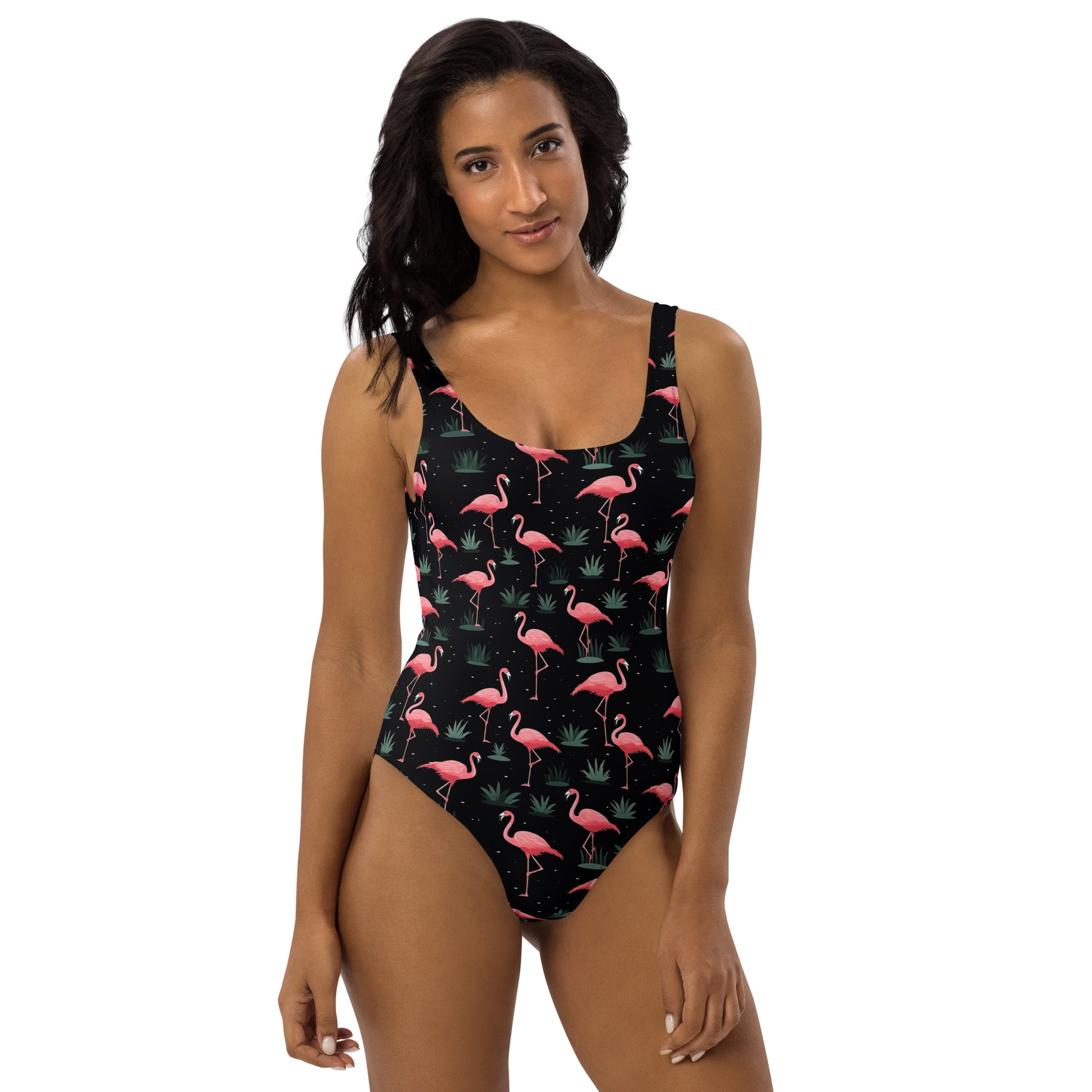 Pink Flamingo One Piece Swimsuit for Women, Black Cute Designer Swim Swimming Bathing Suits Body Swimwear Starcove Fashion