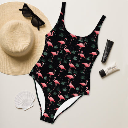 Pink Flamingo One Piece Swimsuit for Women, Black Cute Designer Swim Swimming Bathing Suits Body Swimwear