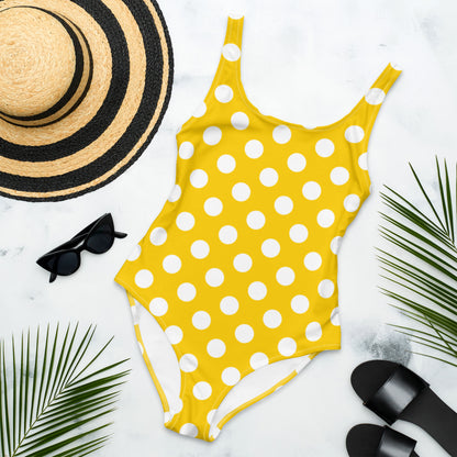 Yellow Polka Dots One Piece Swimsuit for Women, Cute Designer Swim Swimming Bathing Suits Body Swimwear Starcove Fashion