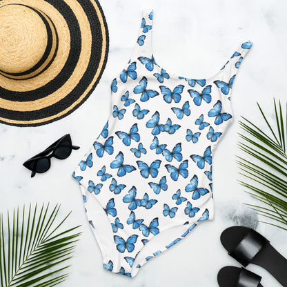Blue Butterfly One Piece Swimsuit for Women, White Cute Designer Swim Swimming Sexy Bathing Suits Body Ladies Swimwear