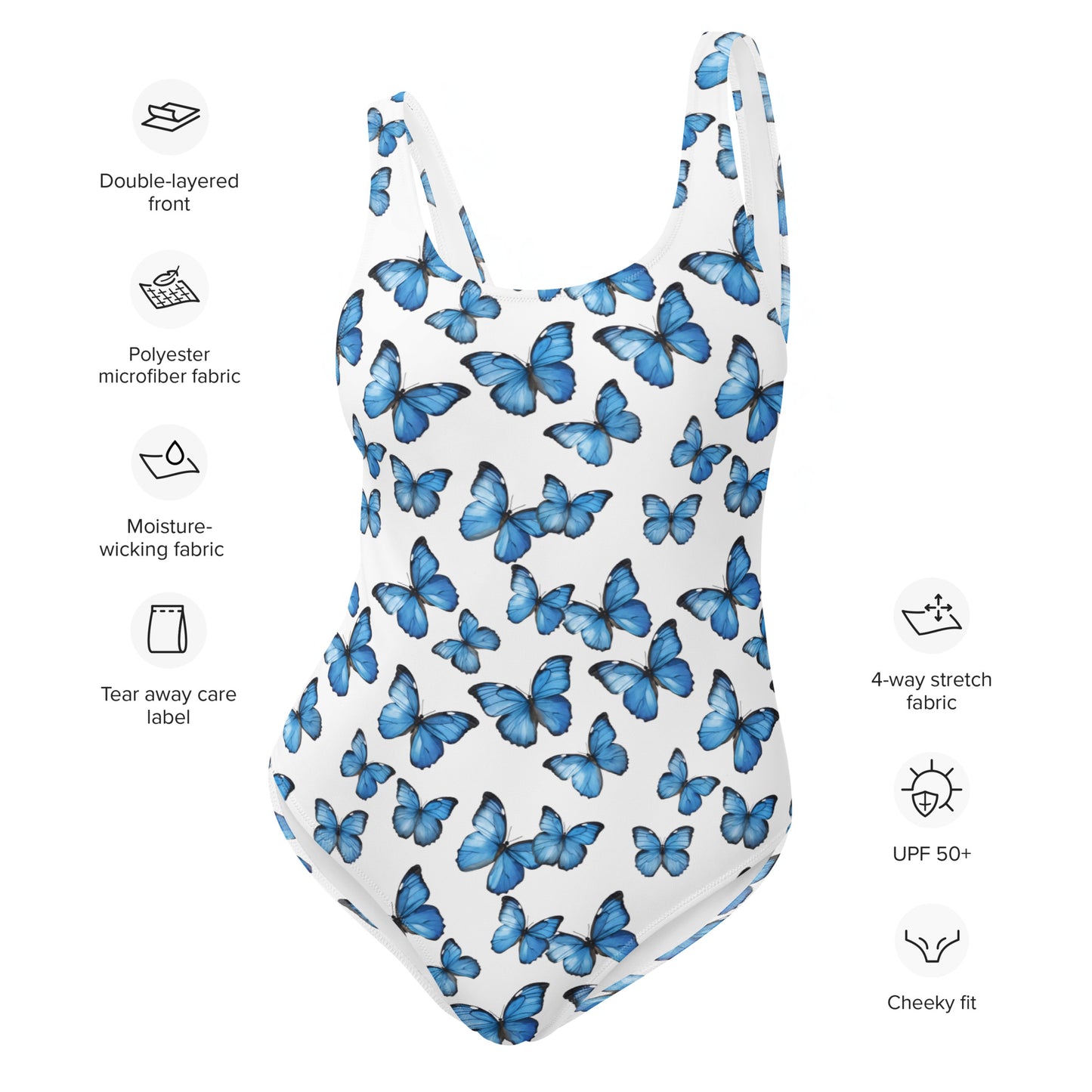 Blue Butterfly One Piece Swimsuit for Women, White Cute Designer Swim Swimming Sexy Bathing Suits Body Ladies Swimwear