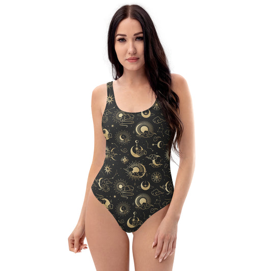 Sun Moon One Piece Swimsuit Women, Celestial Space Constellation Cute Designer Swim Swimming Bathing Suits Body Ladies Swimwear