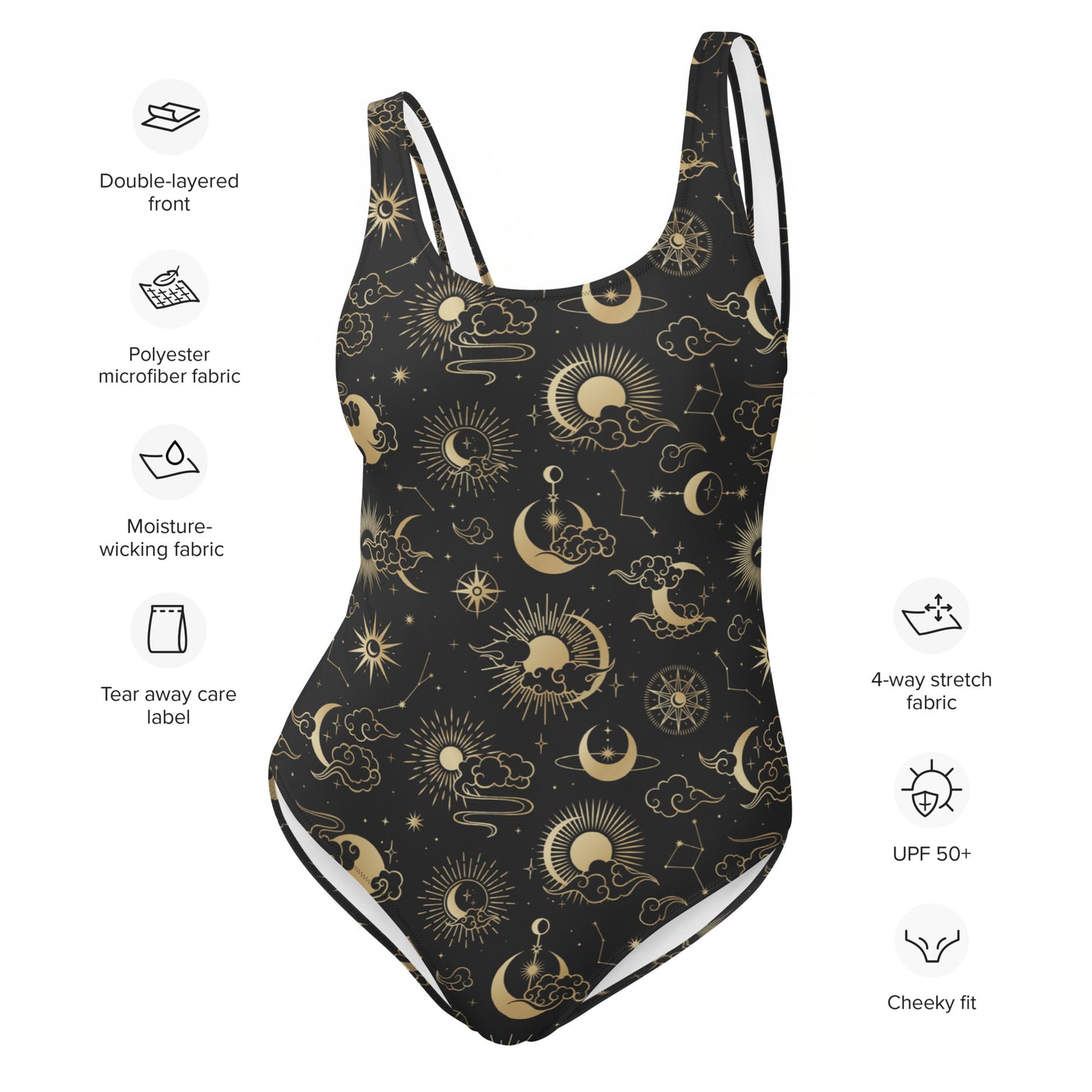 Sun Moon One Piece Swimsuit Women, Celestial Space Constellation Cute Designer Swim Swimming Bathing Suits Body Ladies Swimwear
