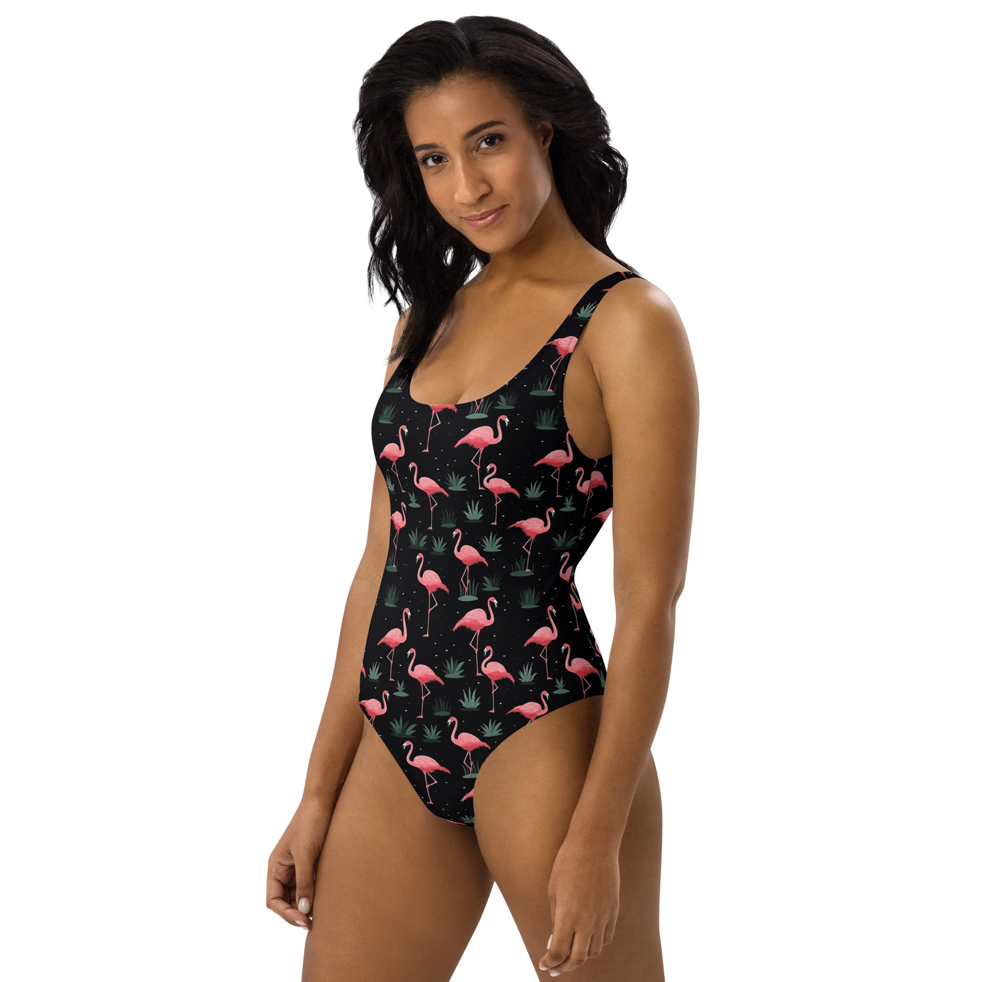 Pink Flamingo One Piece Swimsuit for Women, Black Cute Designer Swim Swimming Bathing Suits Body Swimwear Starcove Fashion