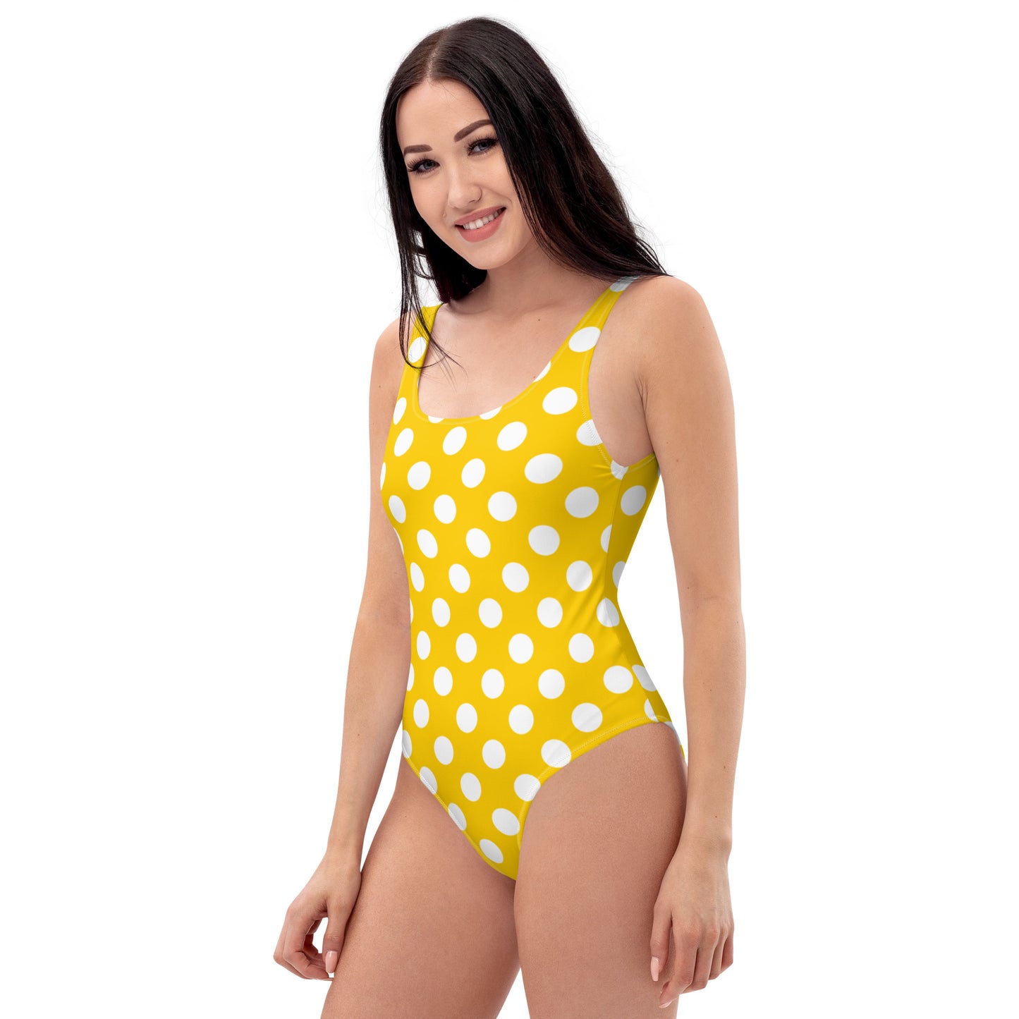 Yellow Polka Dots One Piece Swimsuit for Women, Cute Designer Swim Swimming Bathing Suits Body Swimwear Starcove Fashion