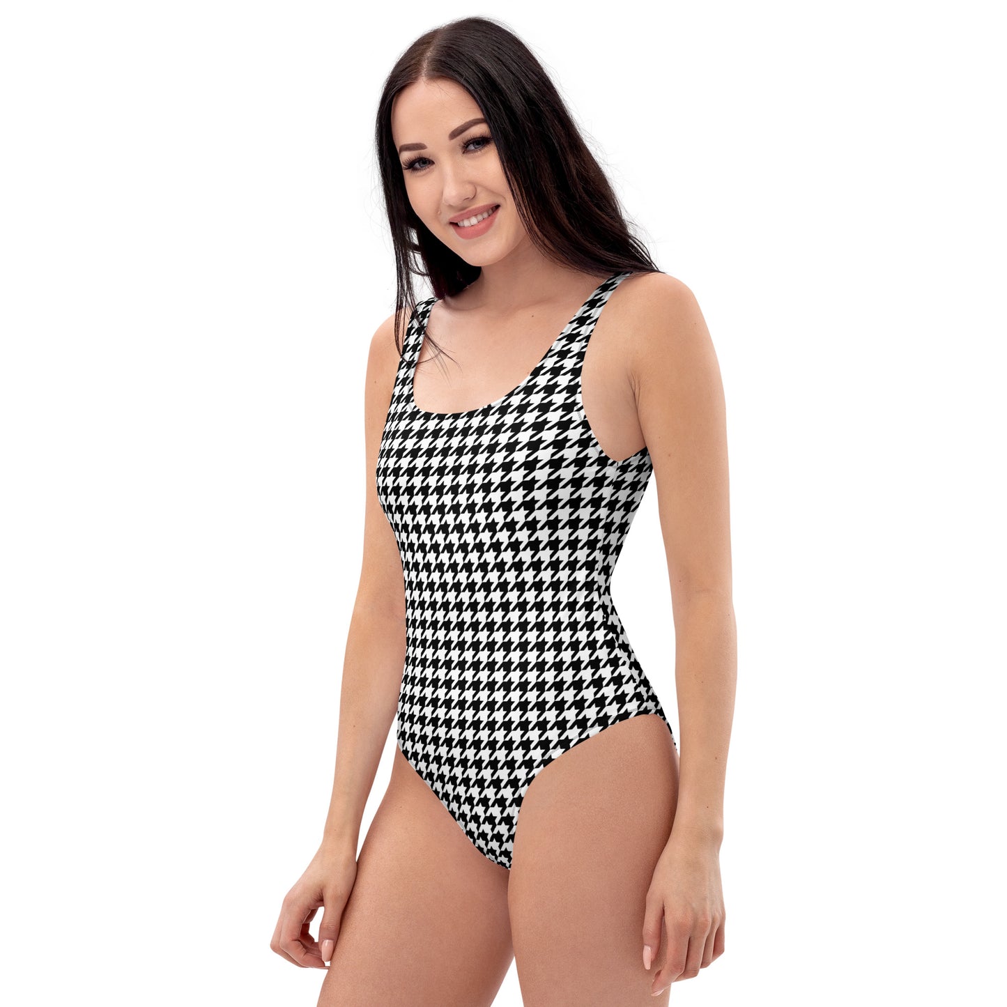 Houndstooth One Piece Swimsuit for Women, Black White Cute Designer Swim Swimming Bathing Suits Body Ladies Swimwear