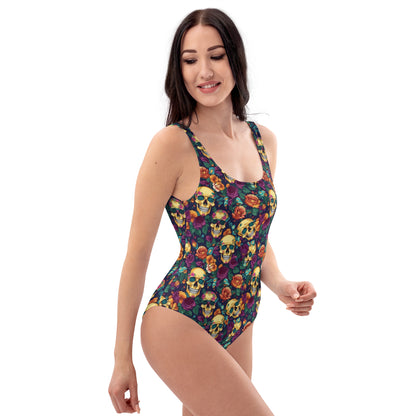 Gold Skulls Roses One Piece Swimsuit for Women, Floral Cute Designer Swim Swimming Bathing Suits Body Swimwear