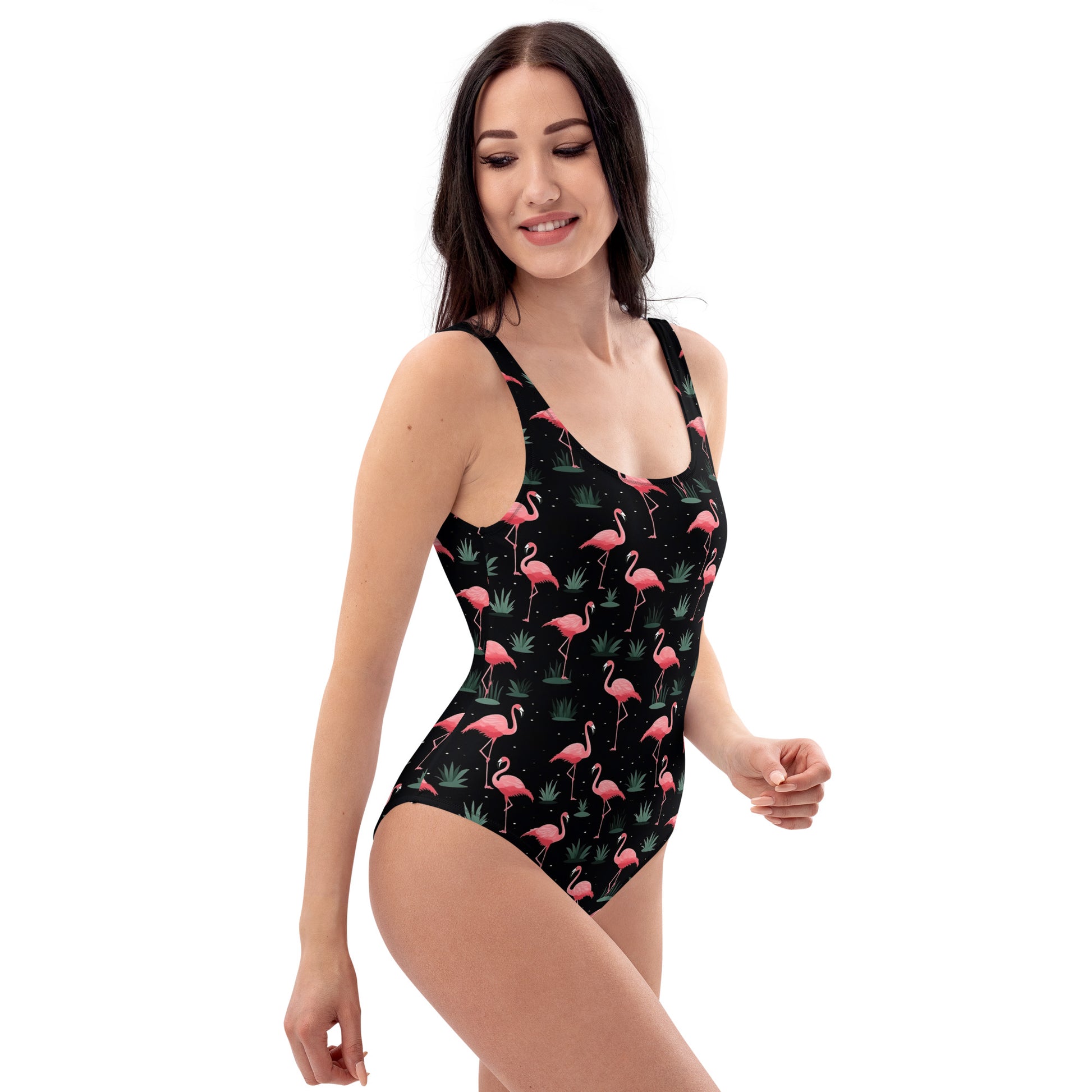 Pink Flamingo One Piece Swimsuit for Women, Black Cute Designer