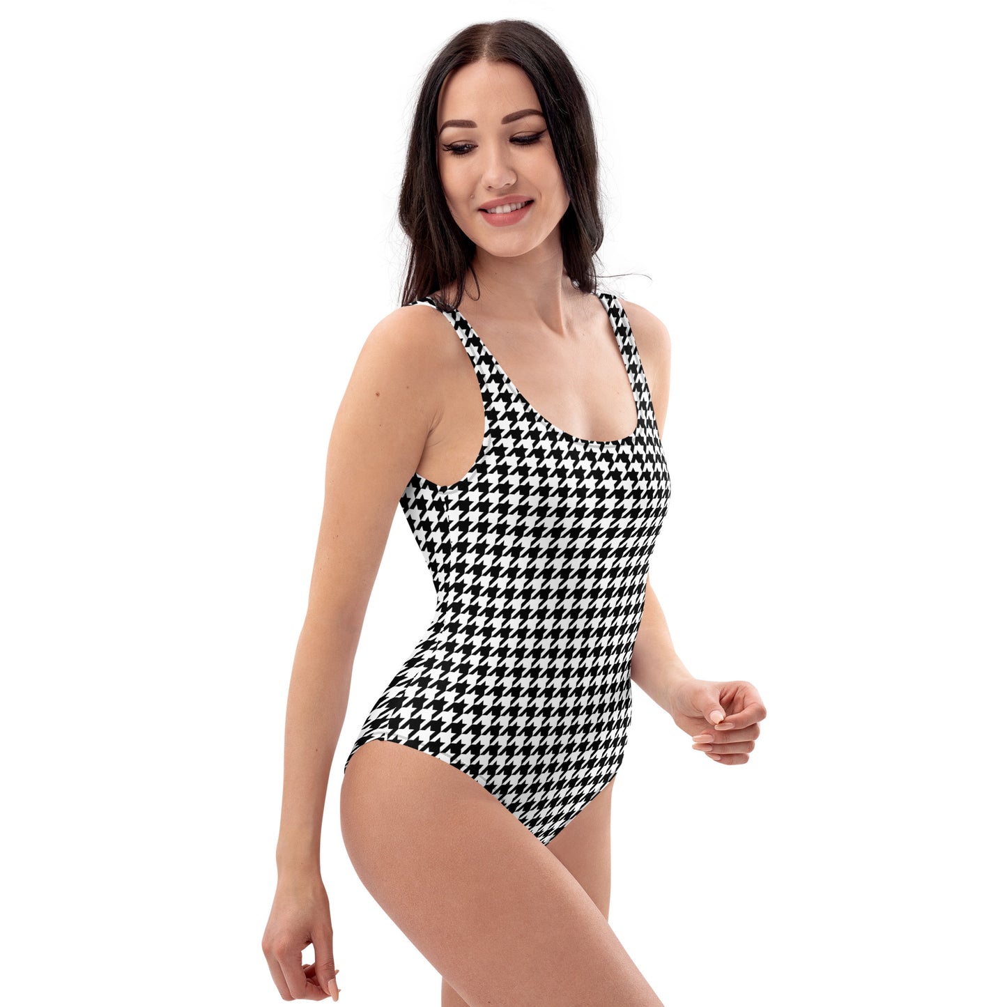 Houndstooth One Piece Swimsuit for Women, Black White Cute Designer Swim Swimming Bathing Suits Body Ladies Swimwear