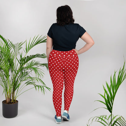 Red And White Polka Dot Plus Size Women Leggings, Printed Designer Christmas Holiday Workout Gym Sports Fun Yoga Pants Tights (2XL-6XL)