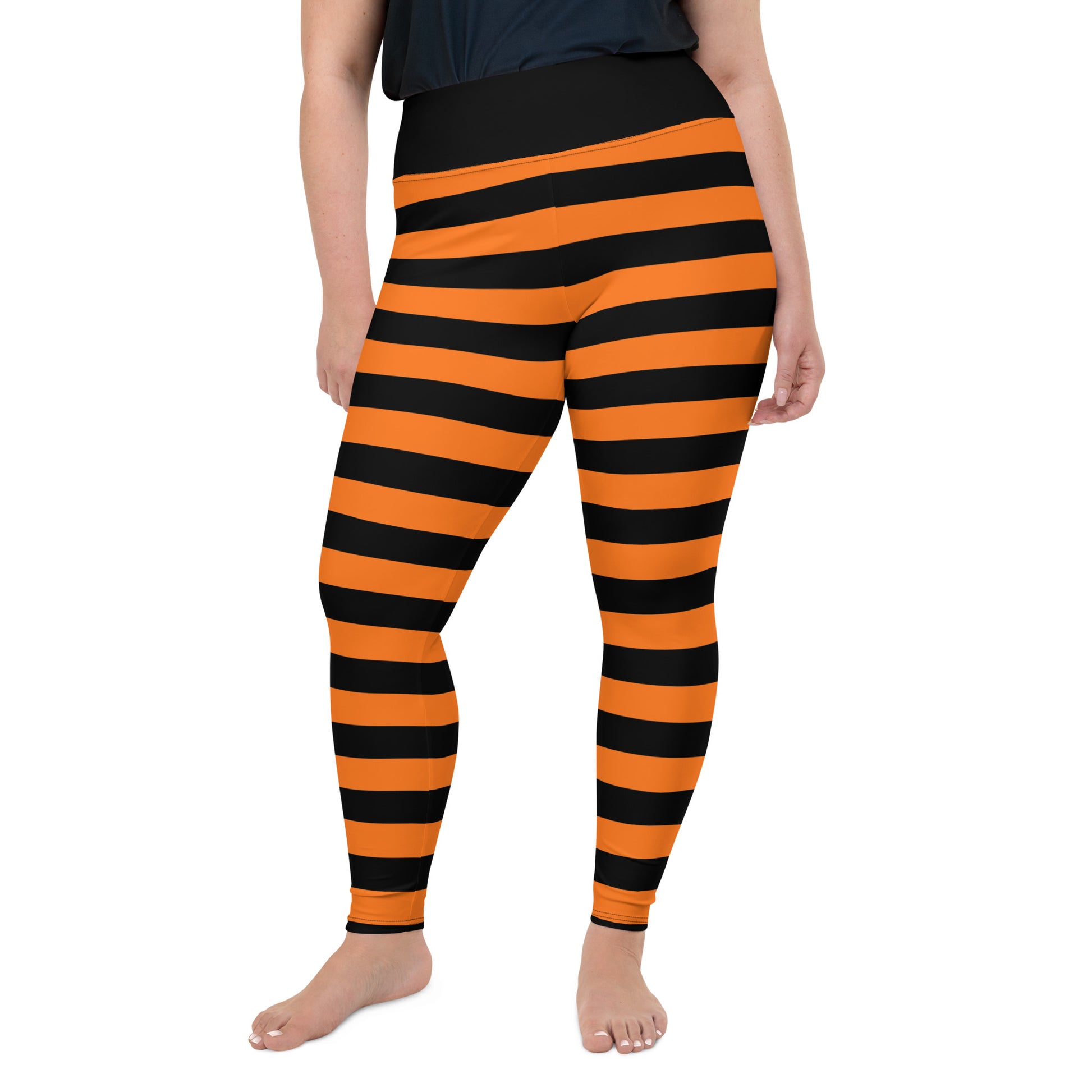 Black Orange Striped Plus Size Leggings Women, Halloween Witch