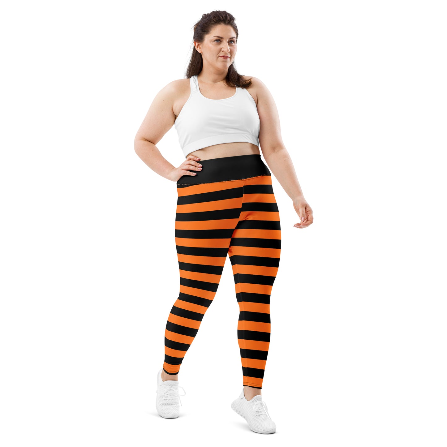 Black Orange Striped Plus Size Leggings Women, Halloween Witch Tights Goth Pumpkin Printed Yoga Pants Cute Adult Workout Designer
