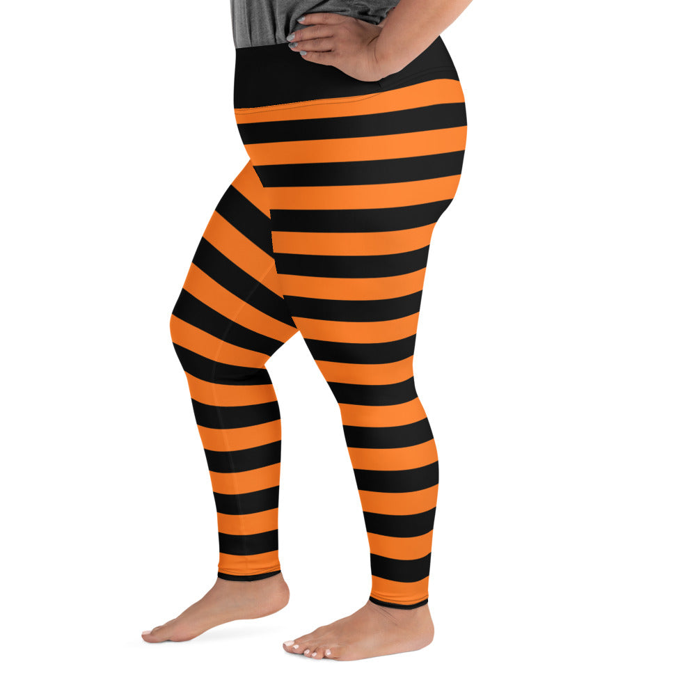 Black Orange Striped Plus Size Leggings Women, Halloween Witch Tights Goth Pumpkin Printed Yoga Pants Cute Adult Workout Designer Starcove Fashion