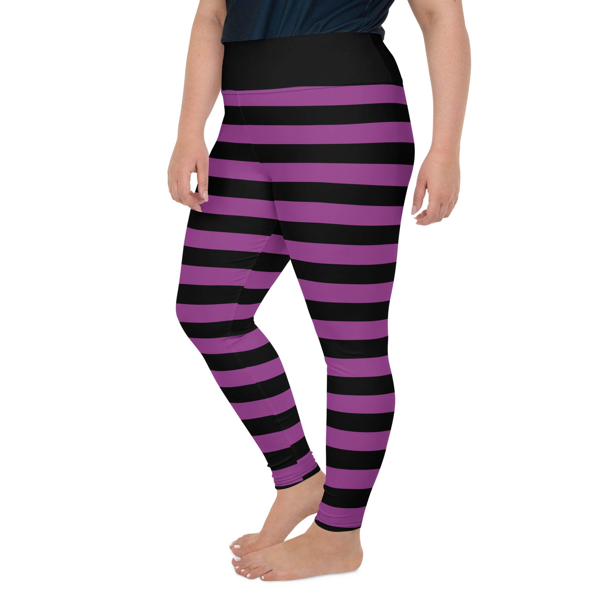 Black and Purple Striped Plus Size Leggings Women, Halloween Witch Tights  Goth Printed Yoga Pants Cute Adult Workout