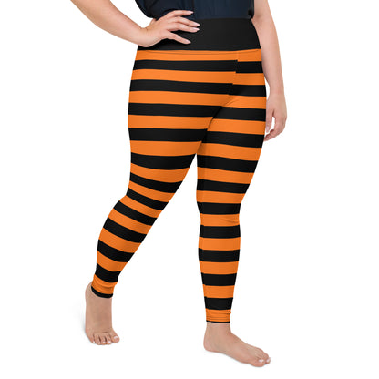 Black Orange Striped Plus Size Leggings Women, Halloween Witch Tights Goth Pumpkin Printed Yoga Pants Cute Adult Workout Designer Starcove Fashion