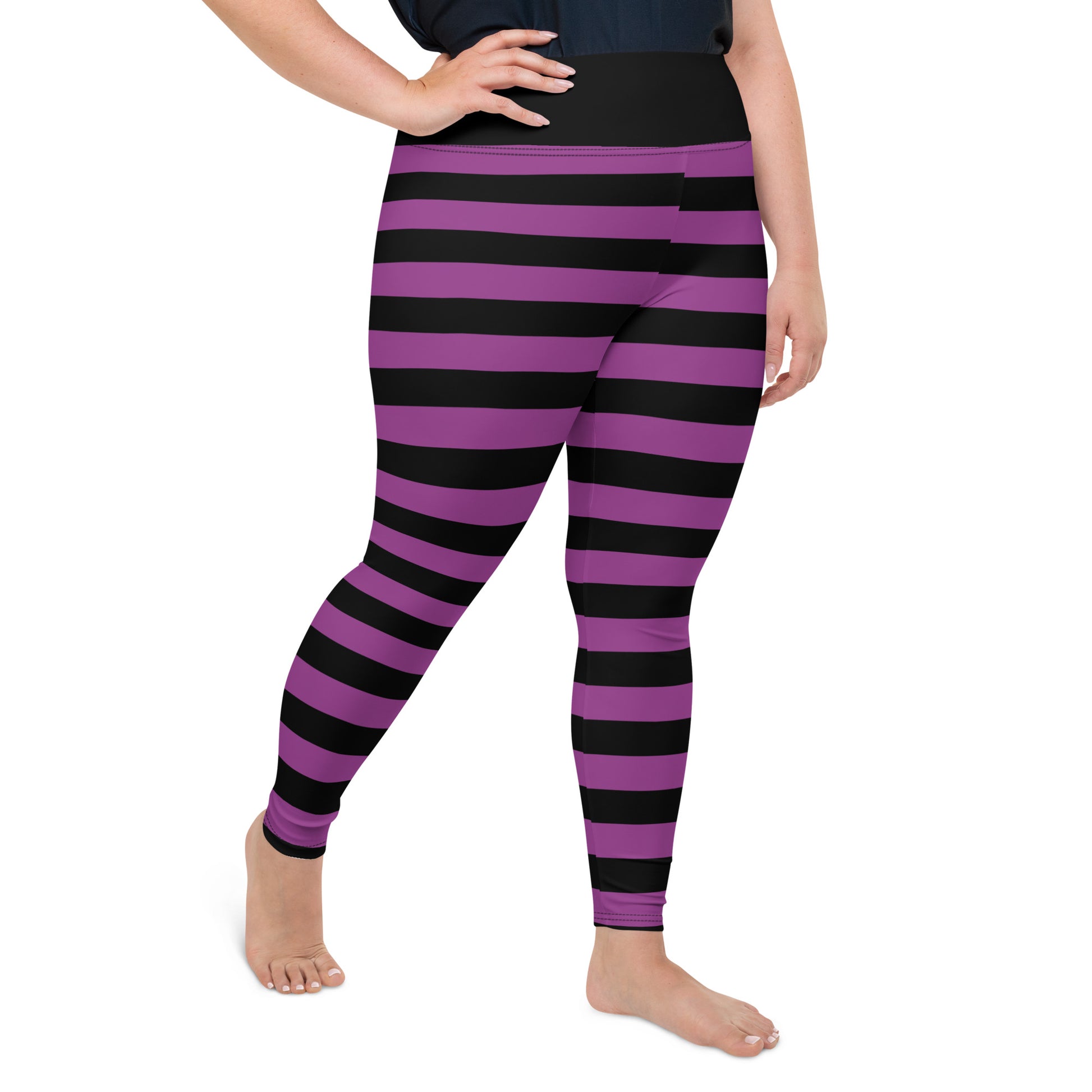Black and Purple Striped Plus Size Leggings Women, Halloween Witch