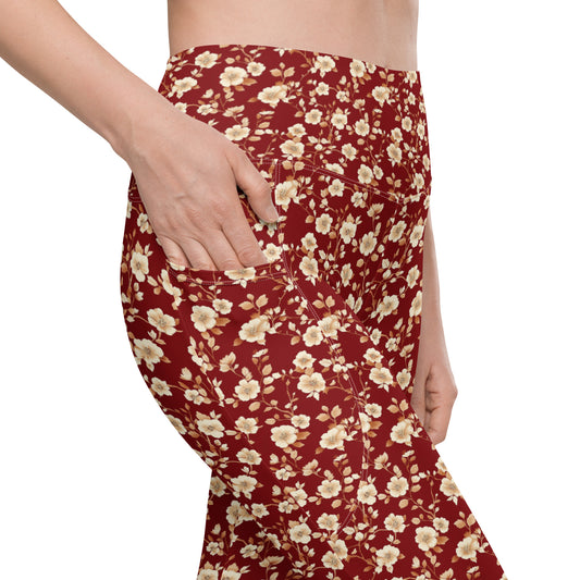 Red Floral Women Leggings Side Pockets, Flowers Printed High Waisted Yoga Pants Graphic Workout Running Gym Designer Plus Size Tightsr Plus Size Tights