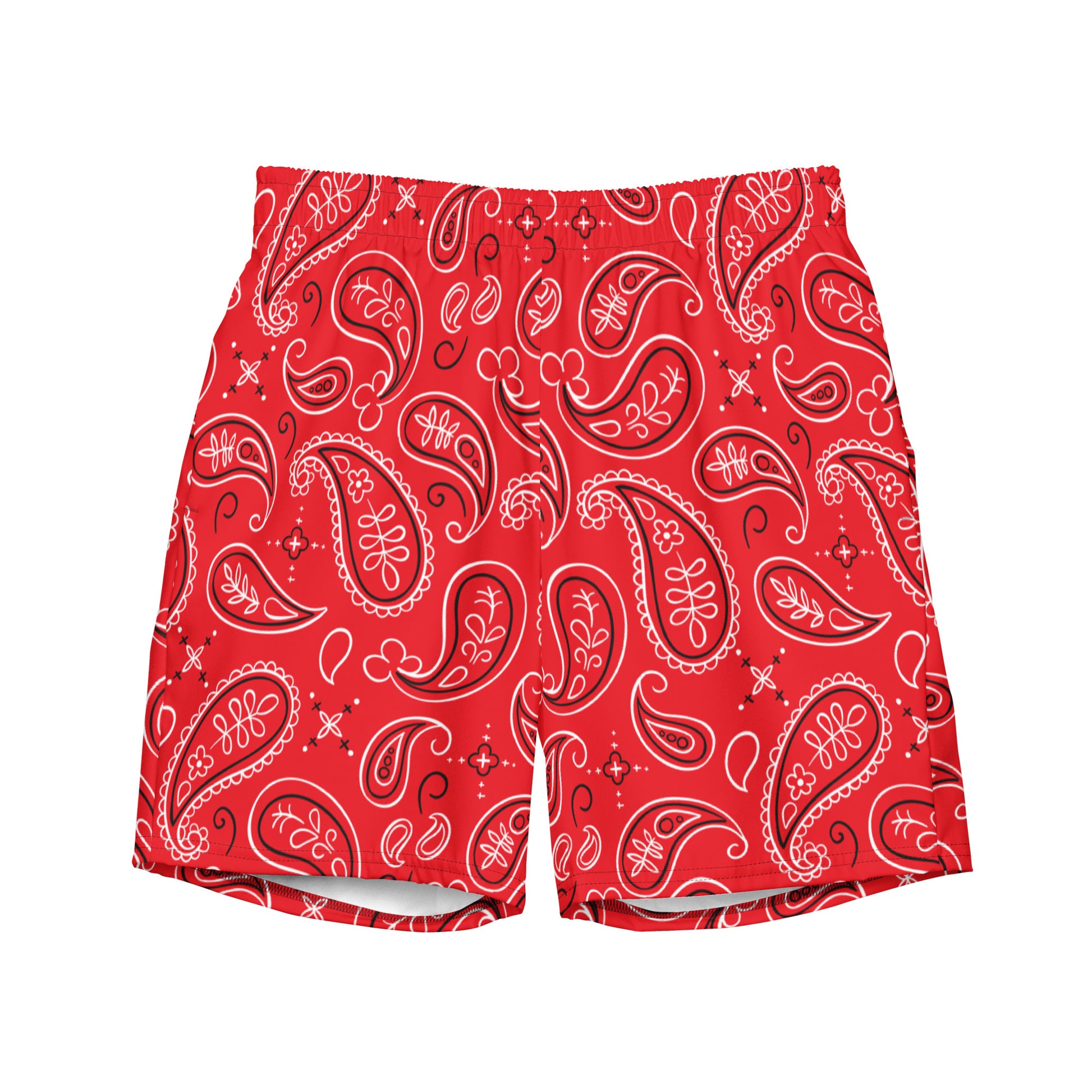 Red Bandana Men Swim Trunks, Paisley Beach Mesh Pockets Beach Bathing Suit Plus Size Sustainable Designer Shorts Starcove Fashion