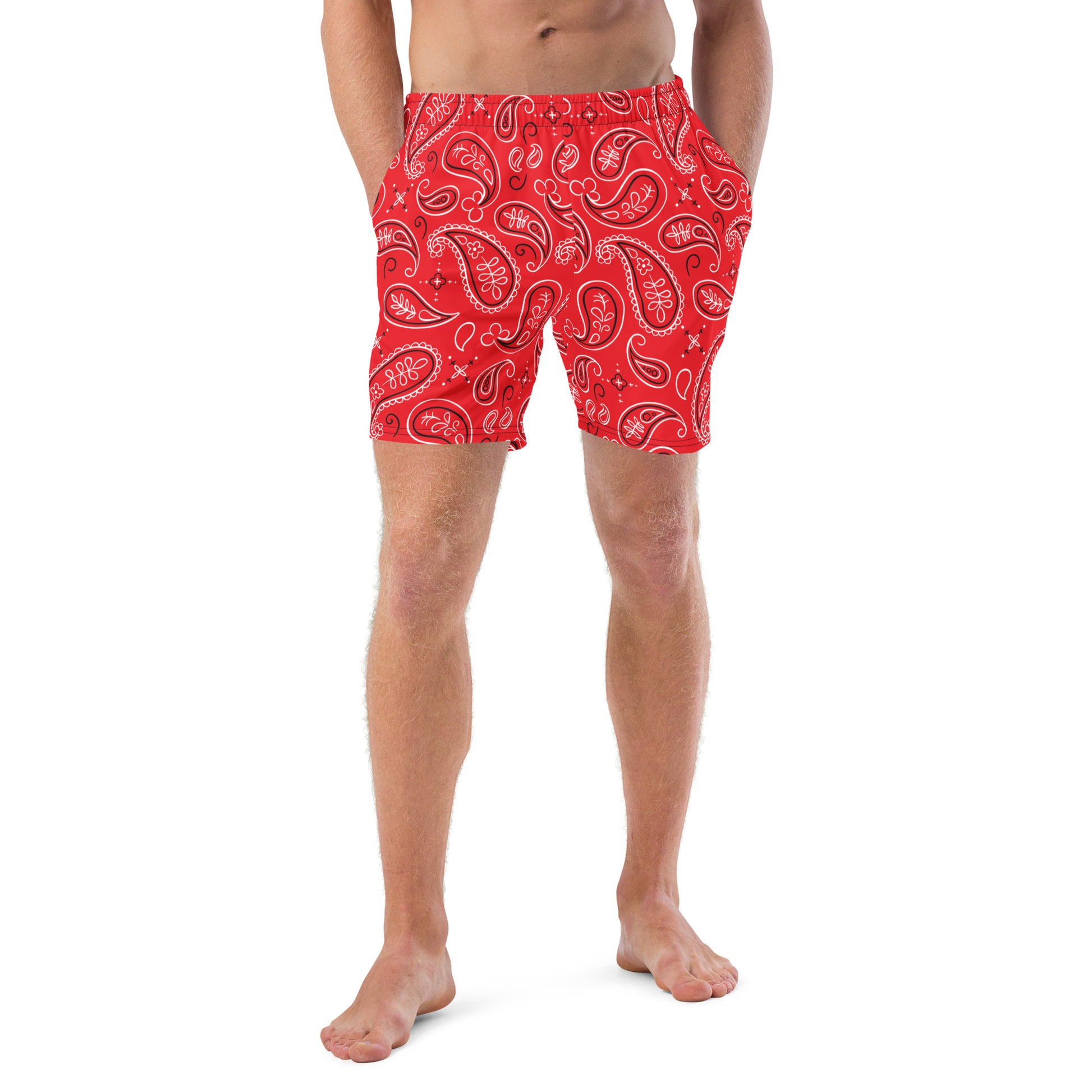 Red Bandana Men Swim Trunks, Paisley Beach Mesh Pockets Beach Bathing Suit Plus Size Sustainable Designer Shorts Starcove Fashion