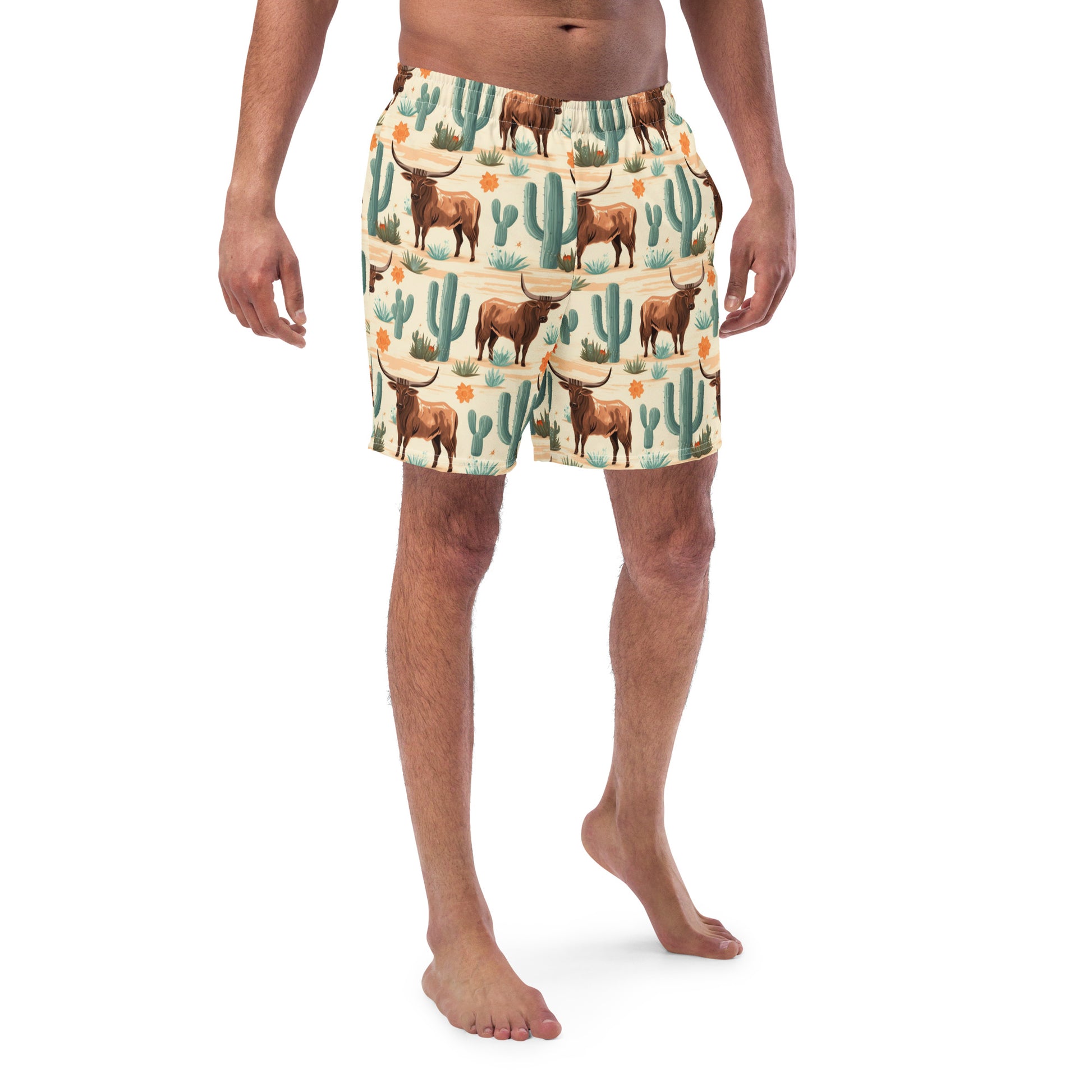 Texas Longhorn Men Swim Trunks, Cactus Western Desert Beach Mesh Pockets Bathing Suit Plus Size Sustainable Designer Shorts Starcove Fashion