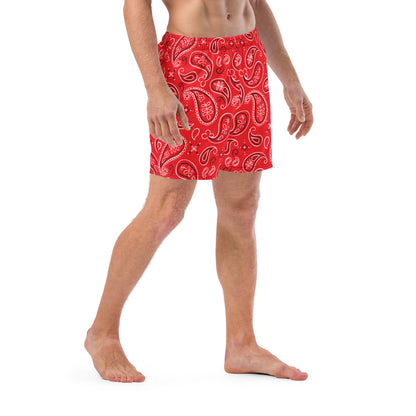 Red Bandana Men Swim Trunks, Paisley Beach Mesh Pockets Beach Bathing Suit Plus Size Sustainable Designer Shorts