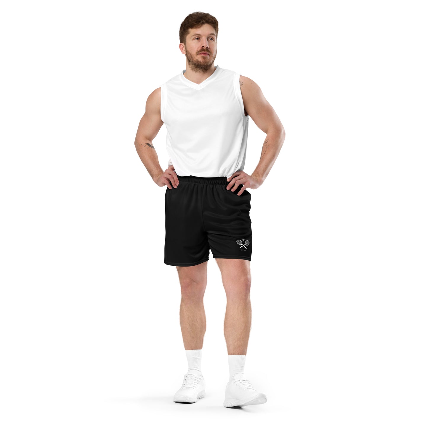 Black Tennis Men's Mesh Shorts,  Athletic Vintage Racket Racquets Sports Player 7 inch Moisture Sweat Wicking Retro Beach Pockets Plus Size Starcove Fashion