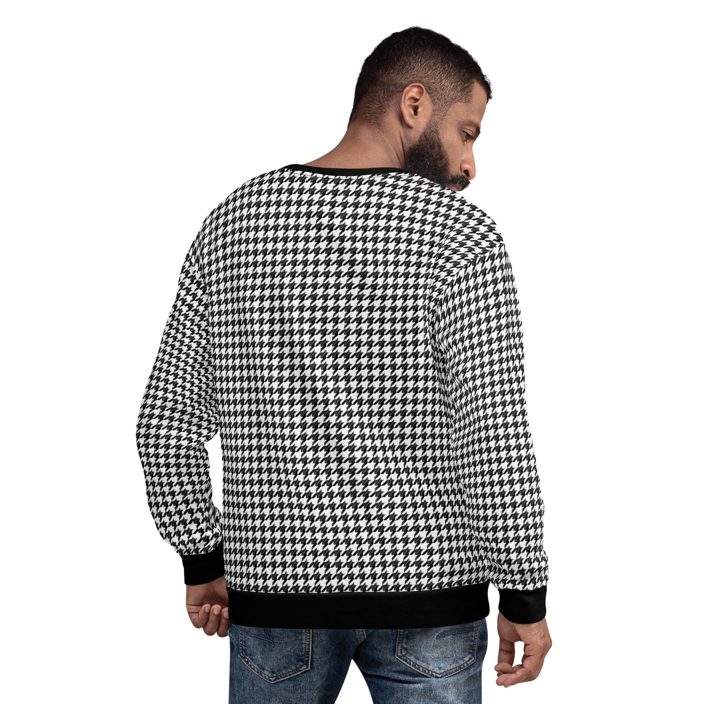 Houndstooth Black White Men Sweatshirt, Retro Pattern Check Plaid Cotton Sweater Jumper Vintage Designer Crewneck