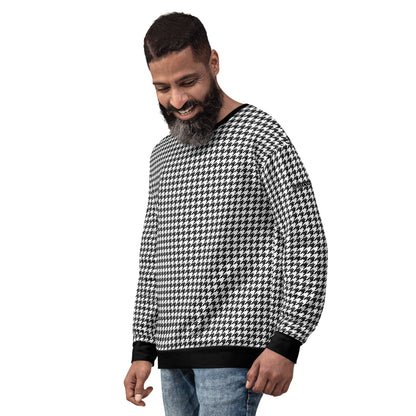 Houndstooth Black White Men Sweatshirt, Retro Pattern Check Plaid Cotton Sweater Jumper Vintage Designer Crewneck