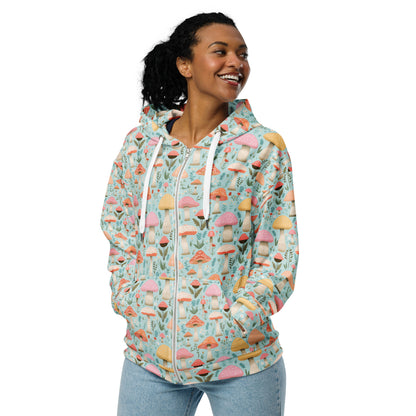 Pastel Mushroom Zip Up Hoodie, Nature Full Zipper Pocket Men Women Unisex Aesthetic Sustainable Fleece Hooded Sweatshirt