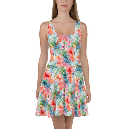 Tropical Skater Dress Women, Pink Flowers Floral Print Summer Sleeveless Mini Short Cute Ladies Vacation Cocktail Party Sexy Casual Attire Starcove Fashion