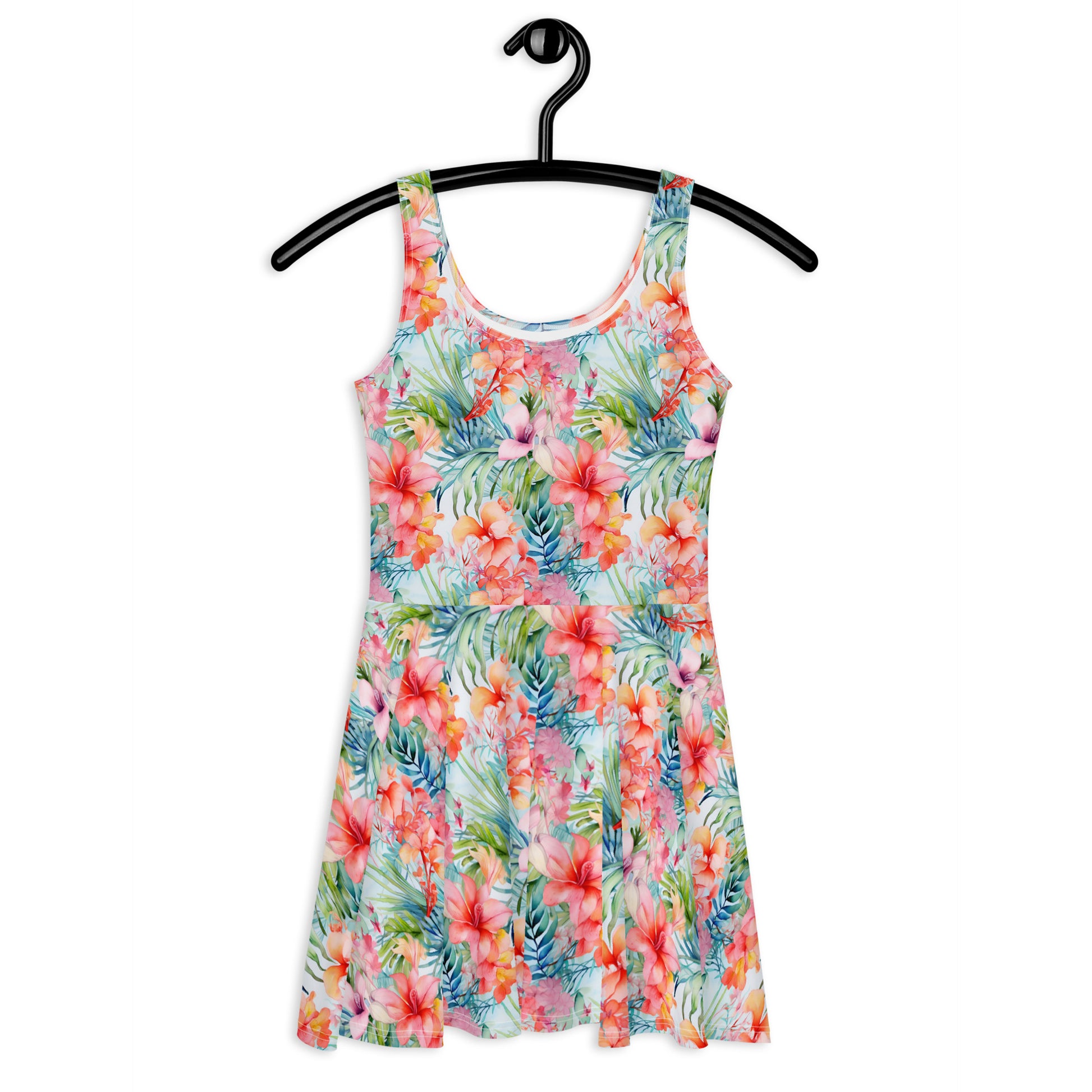 Tropical Skater Dress Women, Pink Flowers Floral Print Summer Sleeveless Mini Short Cute Ladies Vacation Cocktail Party Sexy Casual Attire Starcove Fashion