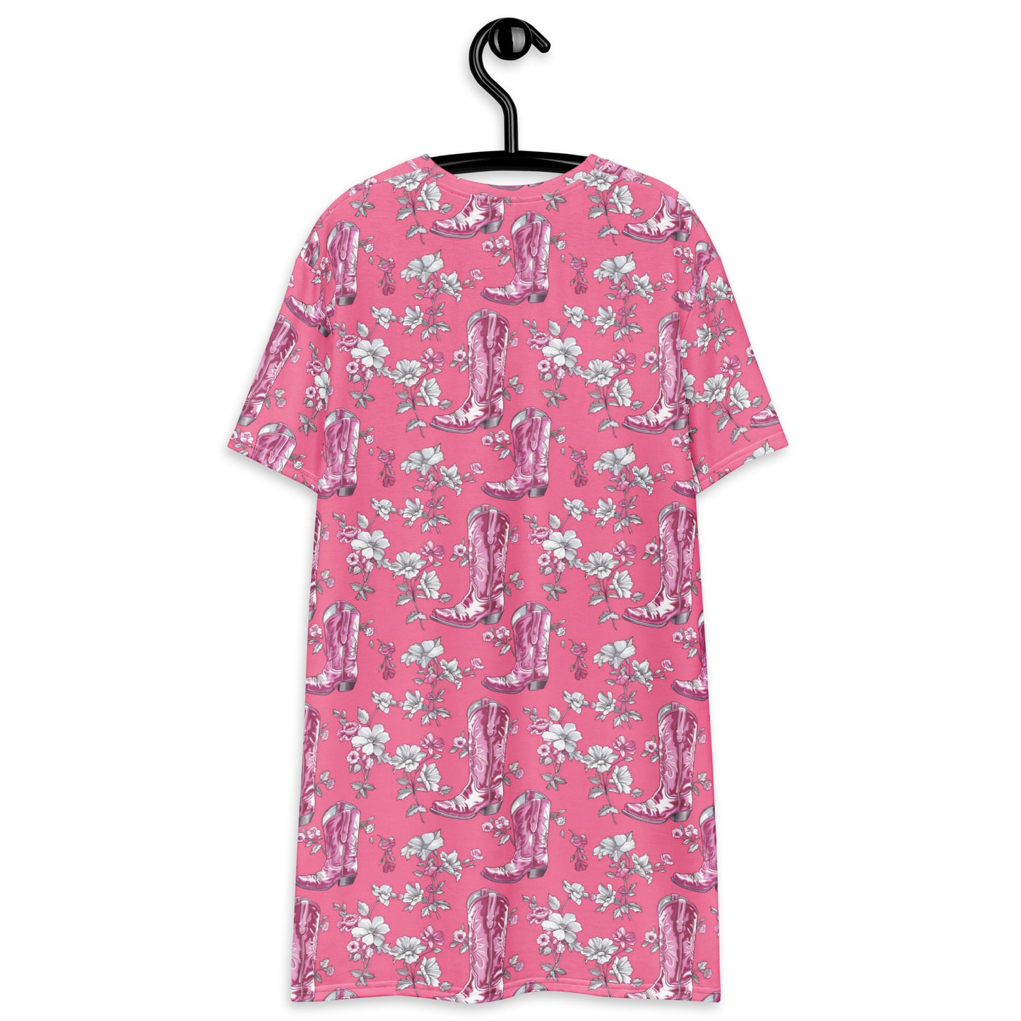 Pink Western Tshirt Dress, Cowbow Boots Floral Women Ladies Mini Summer Shirt Festival Concert Party Casual Short Sleeve Plus Size Tee
