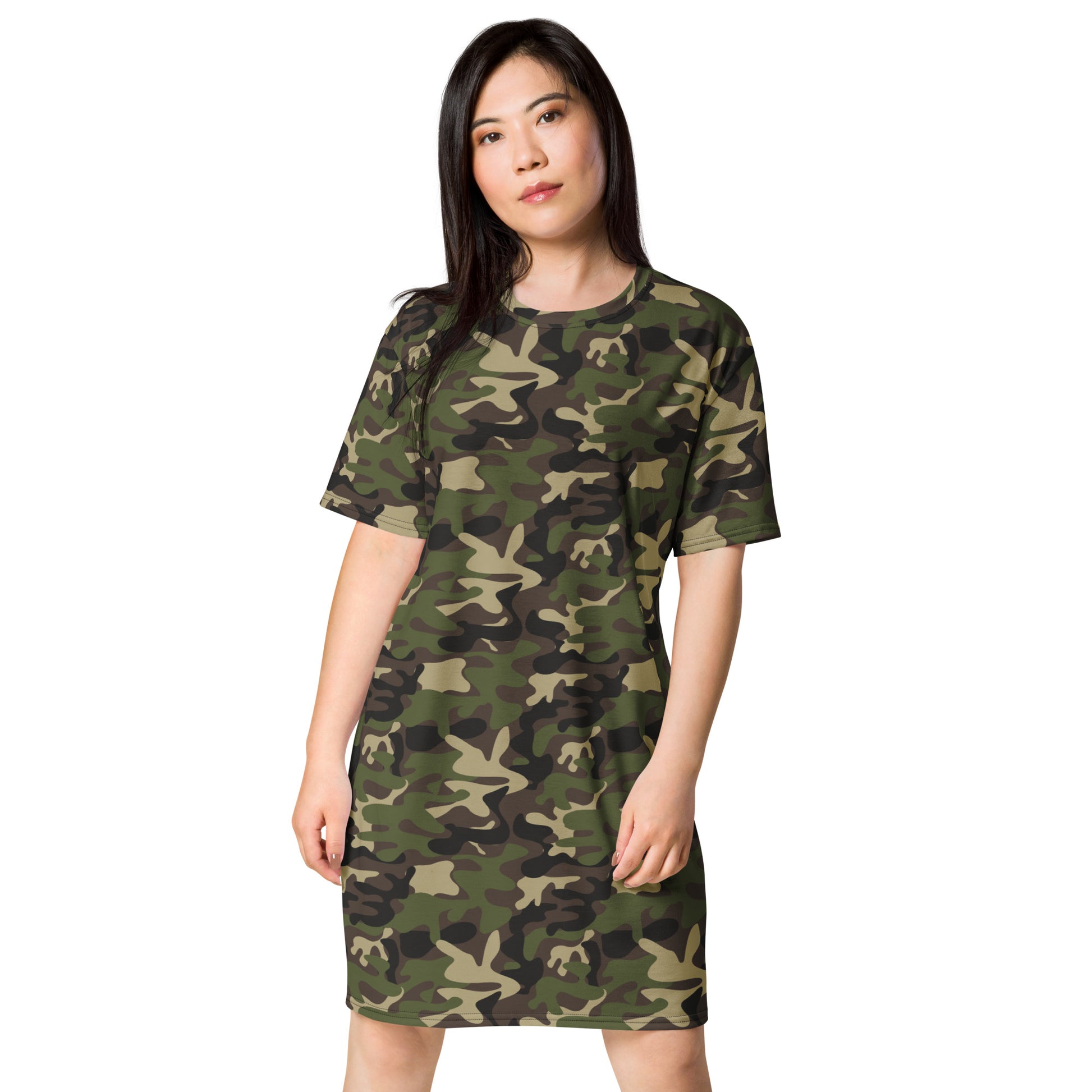 Camo Tshirt Dress, Camouflage Women Ladies Green Mini Summer Beach