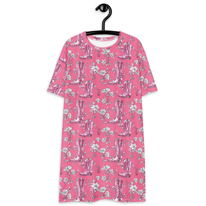 Pink Western Tshirt Dress, Cowbow Boots Floral Women Ladies Mini Summer Shirt Festival Concert Party Casual Short Sleeve Plus Size Tee