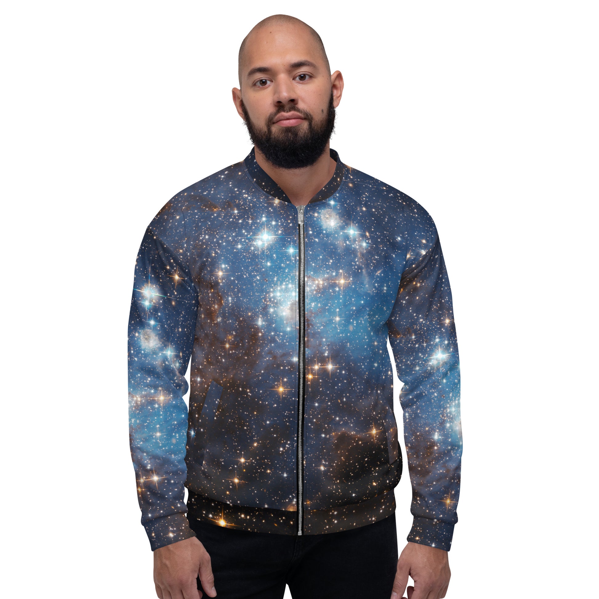 Galaxy Space Men Bomber Jacket, Universe Zip Up Streetwear Unisex