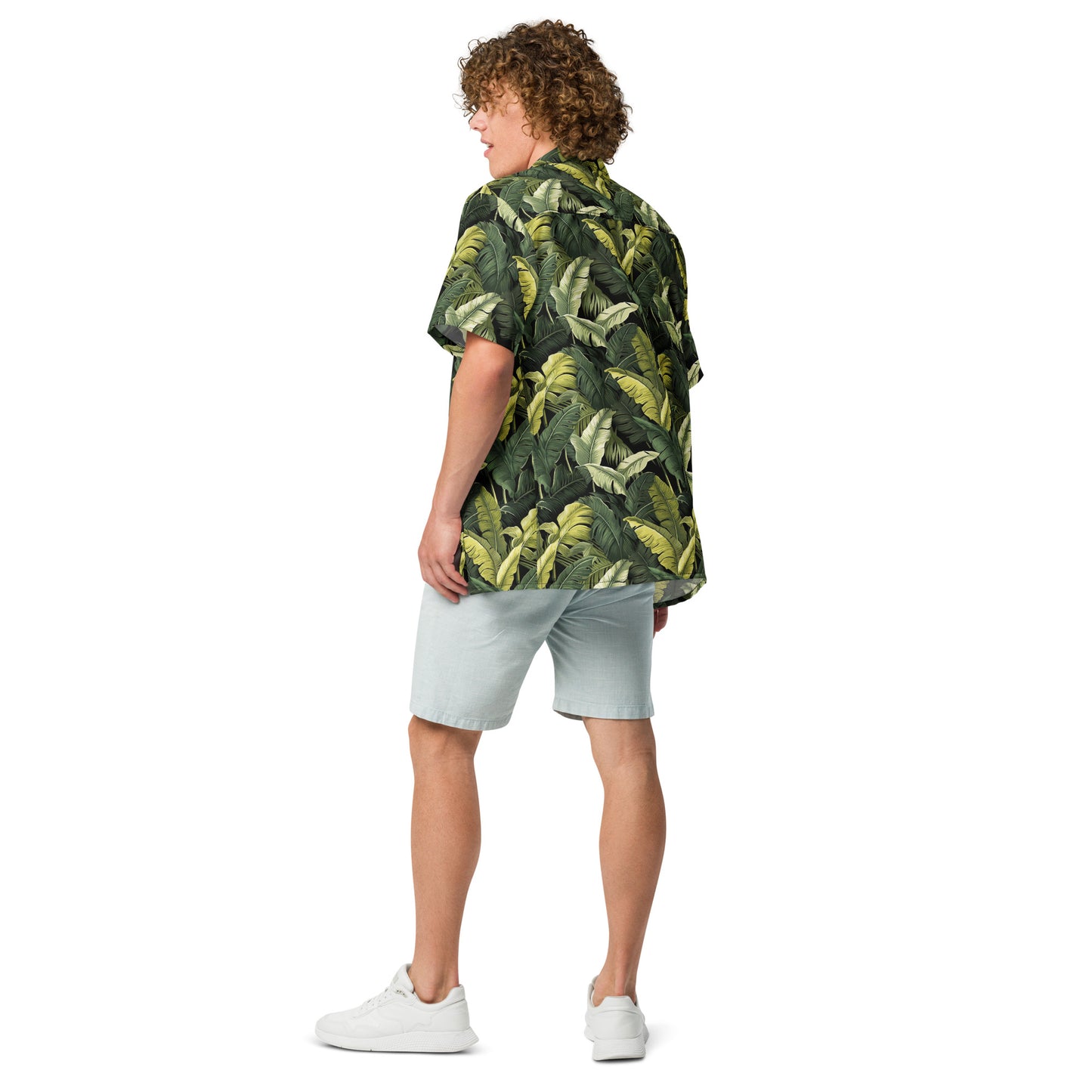 Tropical Short Sleeve Men Button Up Shirt, Green Leaves Unisex Women Moisture Wicking Print Casual Buttoned Down Summer Collared Plus Size Starcove Fashion
