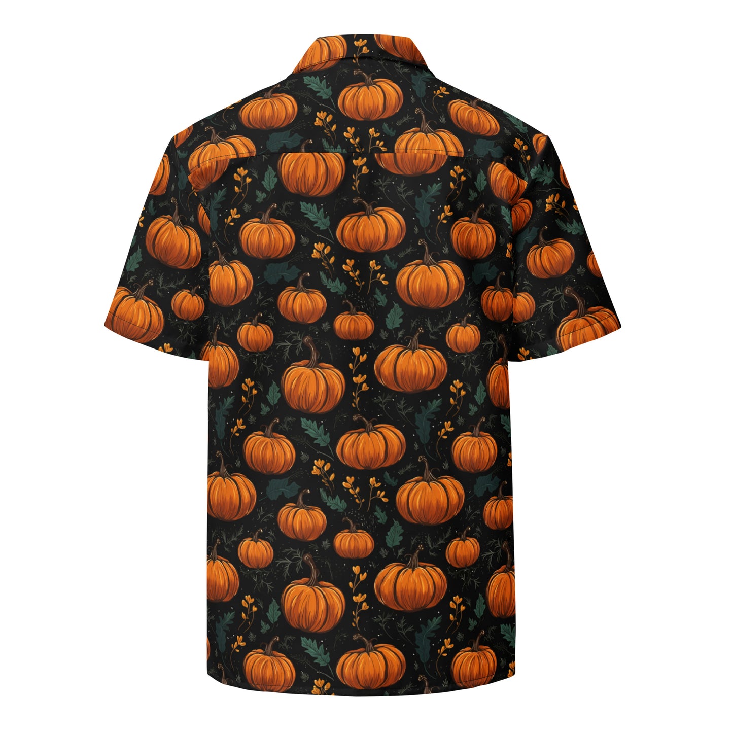 Pumpkins Short Sleeve Button Up Shirt, Fall Autumn Orange Print Casual Men Women Buttoned Down Summer Collared Dress Moisture Wicking Shirt Starcove Fashion