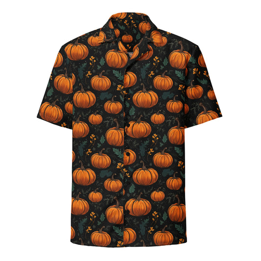 Pumpkins Short Sleeve Button Up Shirt, Fall Autumn Orange Print Casual Men Women Buttoned Down Summer Collared Dress Moisture Wicking Shirt Starcove Fashion