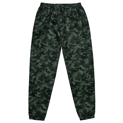 Dark Green Camo Track Pants, Camouflage Men Women Zip Pockets Quick Dry Mesh Lining Lightweight Elastic Waist Windbreaker Joggers Bottoms