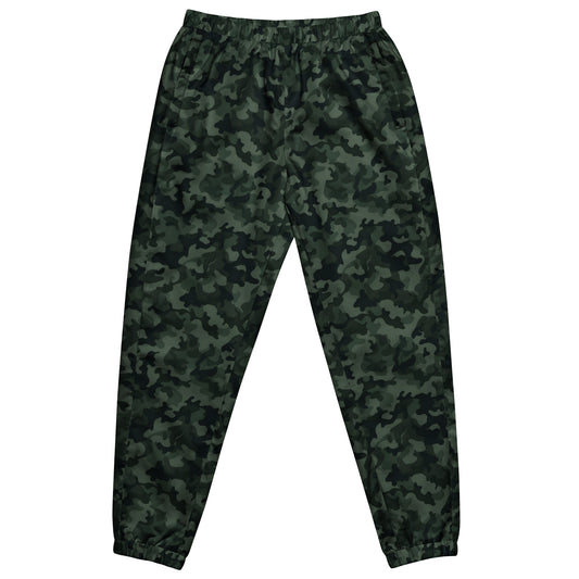 Dark Green Camo Track Pants, Camouflage Men Women Zip Pockets Quick Dry Mesh Lining Lightweight Elastic Waist Windbreaker Joggers Bottoms
