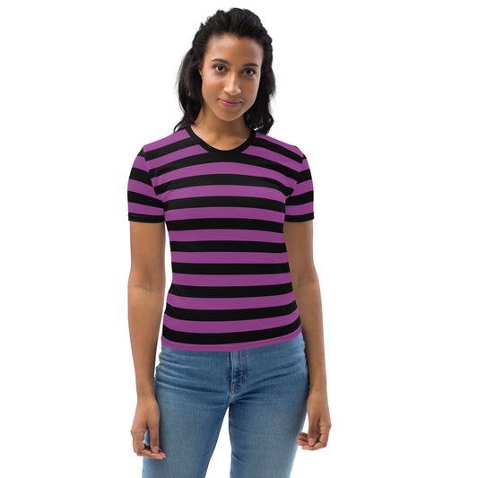 Black and Purple Striped Women Tshirt, Gothic Emo Ladies Female Designer Adult Aesthetic Fashion Fitted Crewneck Tee Shirt Top
