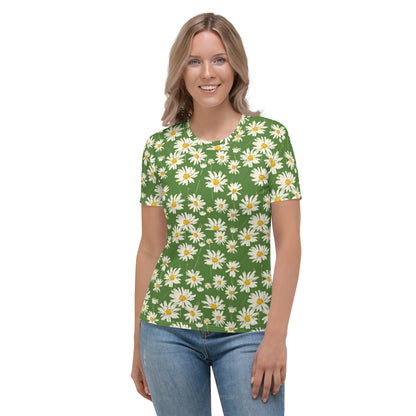 Daisy Floral Women Tshirt, Spring Flowers Green Mom Ladies Female Designer Aesthetic Fitted Crewneck Tee Shirt Top