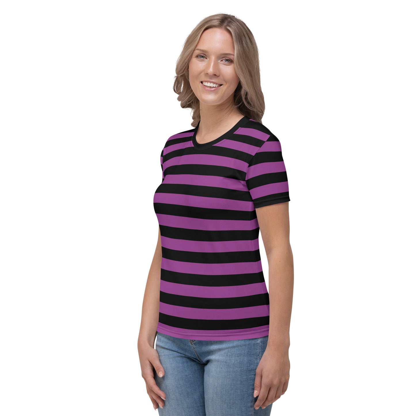 Black and Purple Striped Women Tshirt, Gothic Emo Ladies Female Designer Adult Aesthetic Fashion Fitted Crewneck Tee Shirt Top