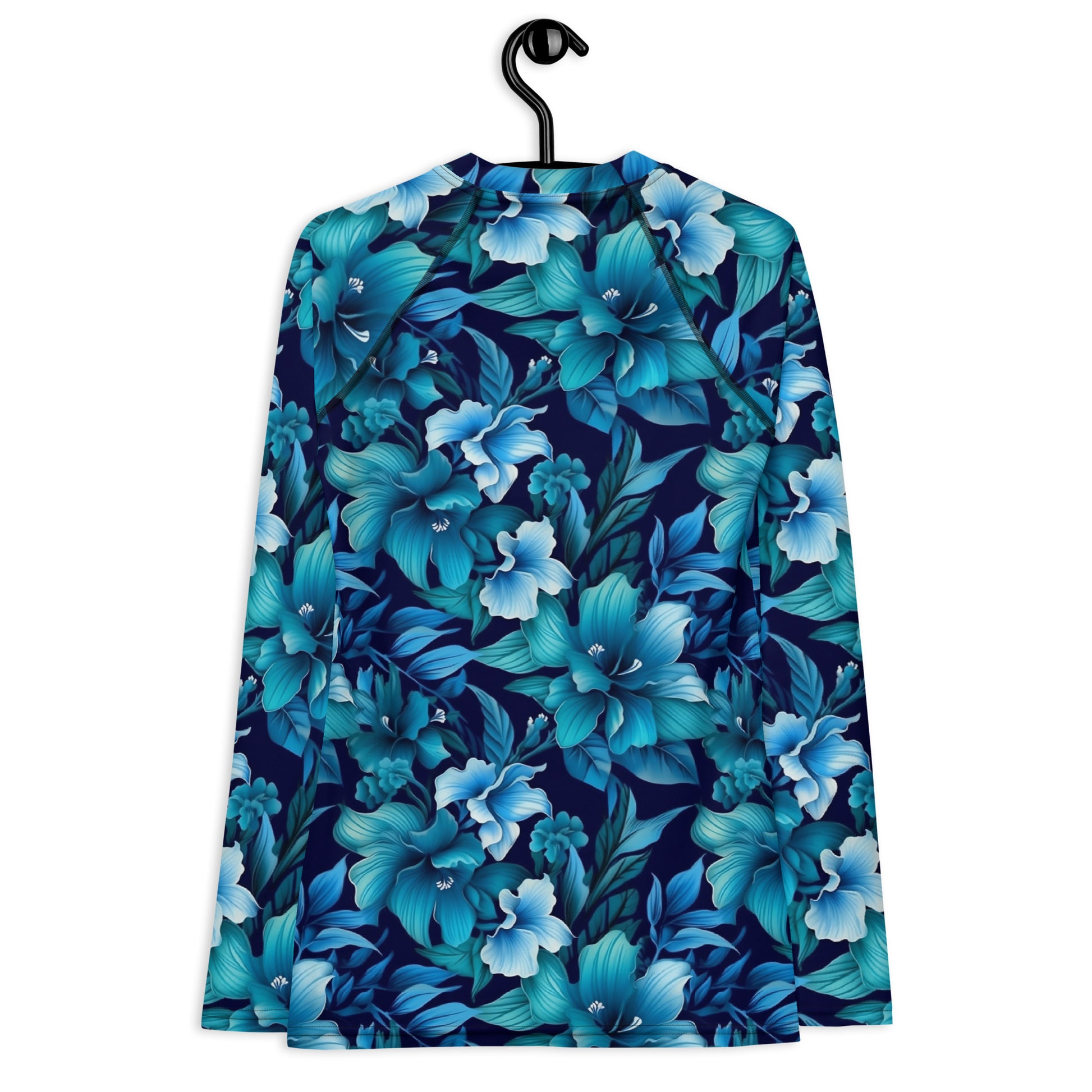 Blue Flowers Women's Rash Guard, Floral Print Surf Long Sleeve Swim Shirt Sun Protection Designer 50 UPF SPF UV Cover Starcove Fashion