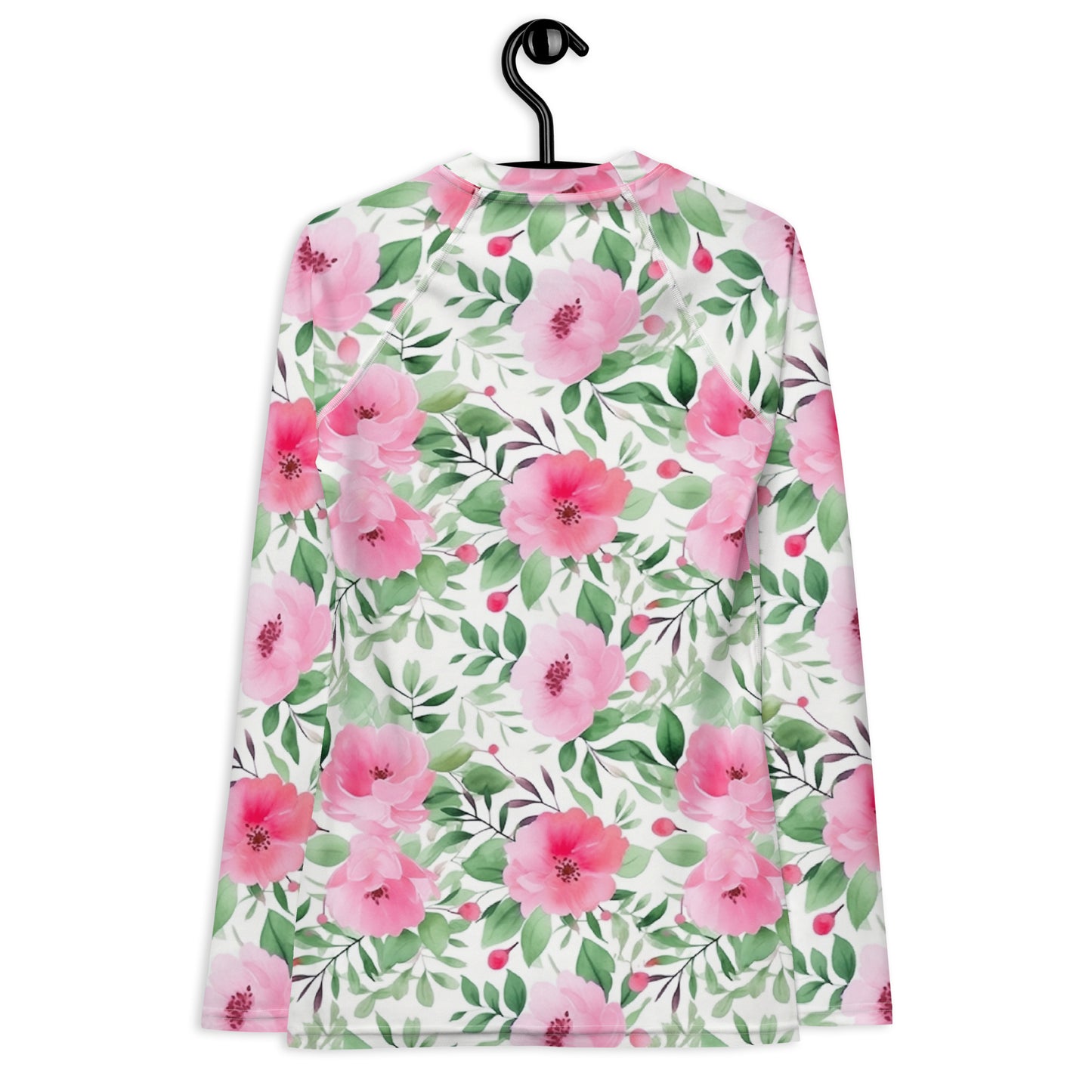 Pink Flowers Women's Rash Guard, Floral White Print Surf Long Sleeve Swim Shirt Sun Protection Designer 50 UPF SPF UV Cover