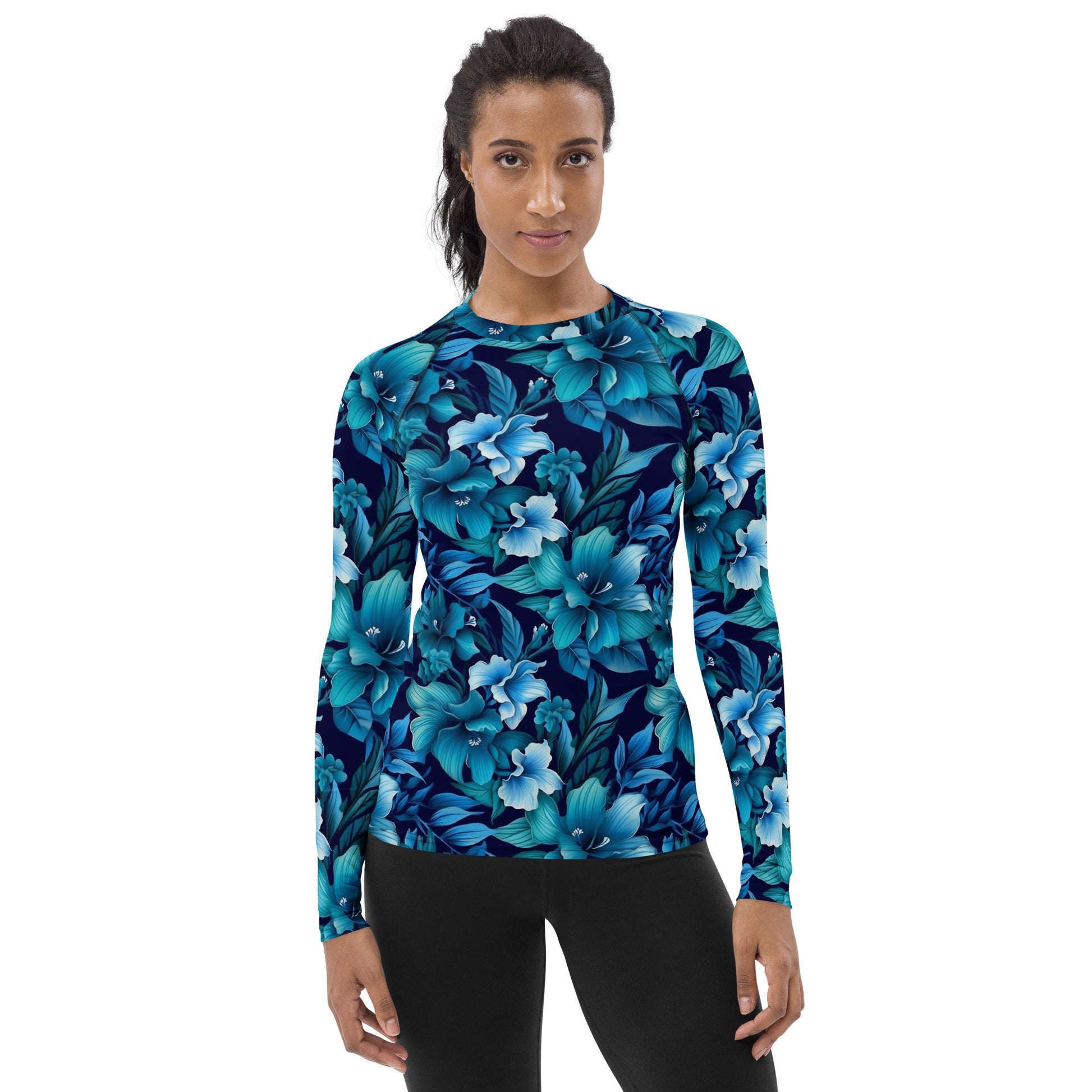 Blue Flowers Women's Rash Guard, Floral Print Surf Long Sleeve Swim Sh –  Starcove Fashion
